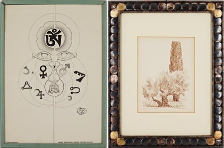 Lotto composto da un disegno ed una stampa con soggetti diversi, in cornici (di