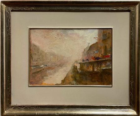 Attilio Melo "Milano, Alzaia Naviglio Grande della Darsena" 1998, olio su carton