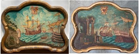 Ignoto

"Marine con velieri"
Coppia di dipinti a olio su tela sagomata (cm 93x6