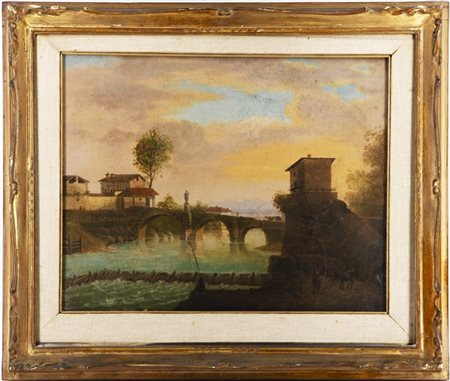 Ignoto del secolo XIX

"Paesaggio fluviale con ponte" 
olio su tela (cm 32x40)