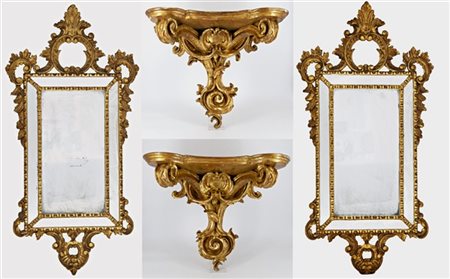 Lotto composto da coppia di antiche mensole in legno intagliato e dorato a volu