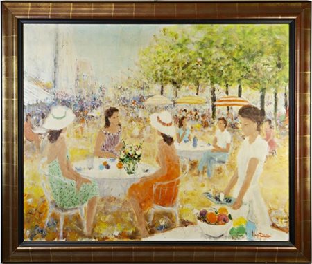 Alain Rousseau "Jour de Marché" olio su tela (cm 81x100) firmato in basso a dest