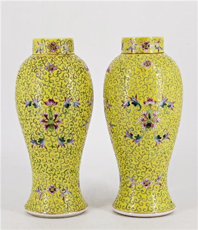 Coppia di vasi gialli in porcellana decorati con motivi floreali
Cina, secolo X