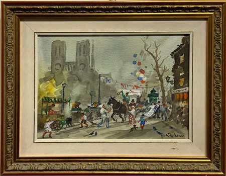Giulio Falzoni "Il carnevale di Parigi" acquerello su carta (cm 24x34) firmato i