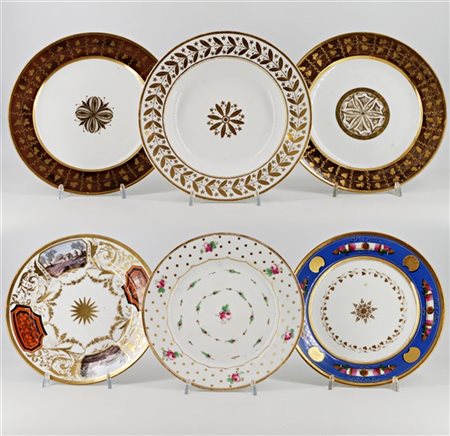 Manifatture diverse, secolo XIX. Lotto composto da sei diversi piatti in porcel