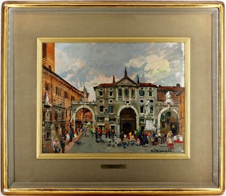 Cipriano Mannucci "Piazza dei Signori a Verona" 
olio su cartone telato (cm 35x4