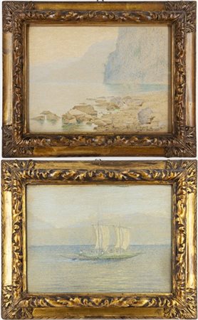 Mario Bezzola Lotto composto da due "Scorci lacustri" a pastelli colorati su car