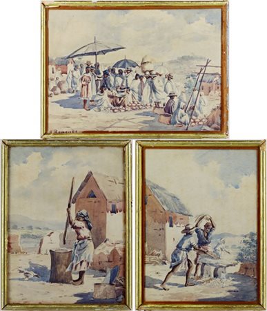 Ignoto del secolo XX, Lotto composto da tre acquerelli su carta raffiguranti "S