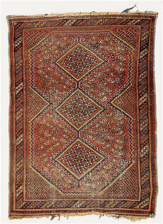 Tappeto Afshar, Persia, fine secolo XIX. Decoro con tre medaglioni romboidali s