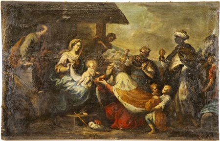 Scuola genovese del secolo XVIII"Adorazione dei magi"olio su tela (cm 79x126