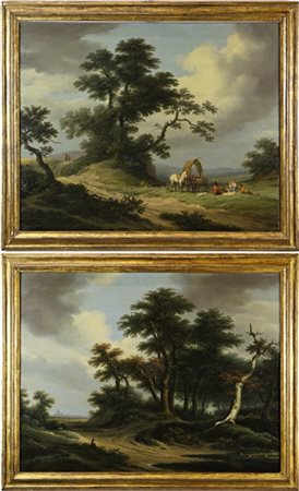 Antonio Rigorini "Coppia di dipinti ad olio su compensato raffiguranti paesaggi