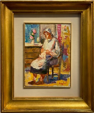 Luigi Brambati "La ricamatrice" 1980, olio su cartone pressato (cm 21x16) firmat
