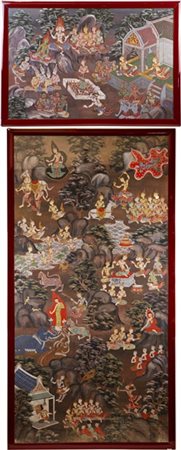 Due tessuti dipinti raffiguranti scene della mitologia tailandese con architett