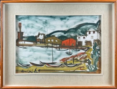 Firma indecifrata "Paesaggio con barche" 1969, olio su tela (cm 35x50) firmato