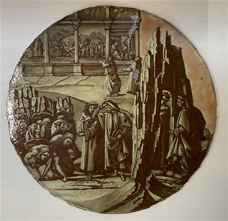 Pannello in vetro circolare retrodipinto con scene dantesche in monocromo, seco