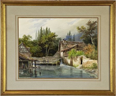 Ignoto del secolo XIX 
"Paesaggio fluviale con mulino", tecnica mista su carta