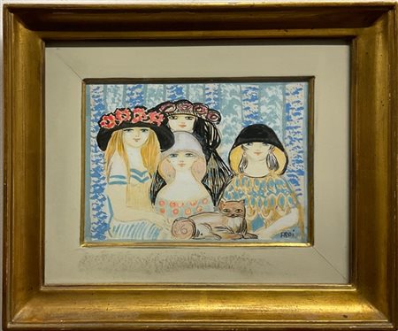 Felicita Frai "Le amiche e il gattino" tempera e acquerello su carta intelata (c