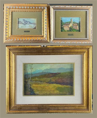 Lotto composto da tre dipinti ad olio su diversi supporti raffiguranti "Paesagg