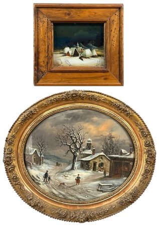 Lotto composto da un verre-peint di forma ovale raffigurante un paesaggio innev