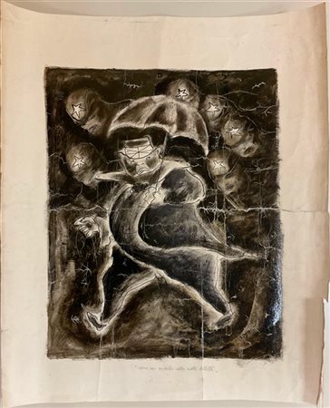 Franco Rognoni "Uomo con ombrello nella notte stellata" 
tecnica mista su carta