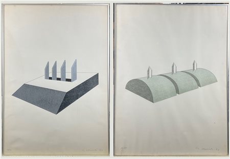 Mauro Staccioli Due litografie a colori
cm 69x49
firmate, numerate e datate 1973