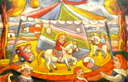 ROBERTO SGUANCI La giostra Olio su cartone cm. 20x30 Firma e titolo sul retro