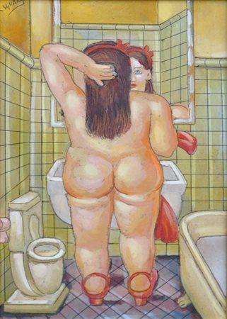 ROBERTO SGUANCI La toilette (omaggio a F. Botero) Olio su cartone cm. 30x20...