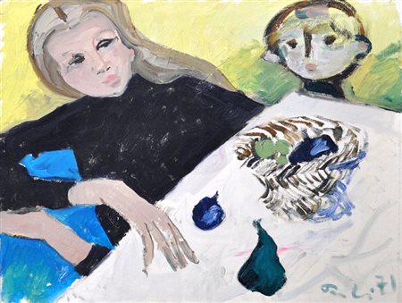 BRUNO PAOLI Personaggi a tavola, 1971 Olio su tela cm. 40x50 Firma e data in...