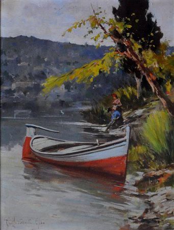 ALDO AFFORTUNATI Gita sul fiume Olio su cartone telato cm. 40x30 Firma in...