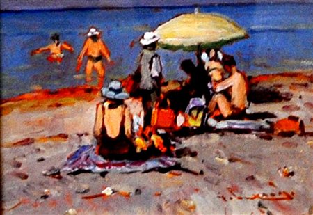 GIORGIO LUXARDO Bagnanti Olio su tavola cm. 15x20 Firma in basso a destra...