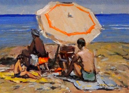 GIORGIO LUXARDO Bagnanti con ombrellone Olio su tavola cm. 15x20 Firma in...