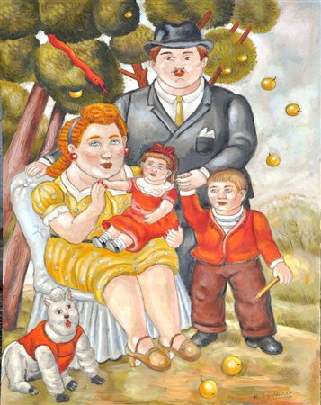 ROBERTO SGUANCI La famiglia in giardino (omaggio a F. Botero) Olio su cartone...