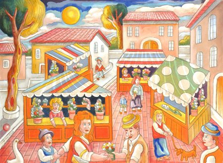 ROBERTO SGUANCI Il mercato dei fiori Olio su cartone cm. 50x70 Firma in basso...