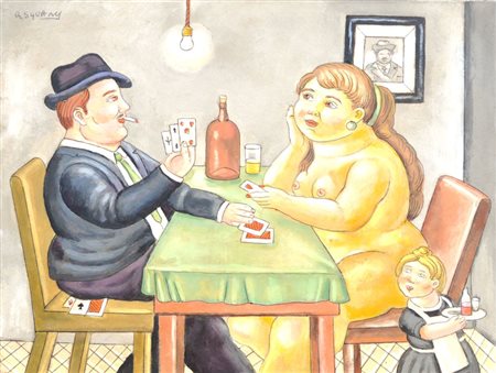 ROBERTO SGUANCI La partita a carte (omaggio a F. Botero) Olio su cartone cm....