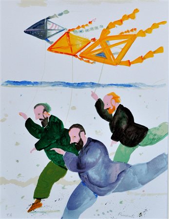 ANTONIO POSSENTI Ragazzi con aquiloni Litografia a colori – es. P.A. cm....