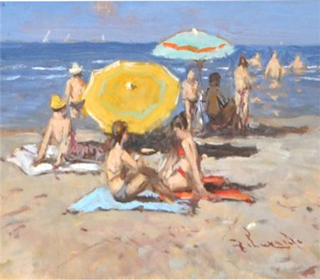 GIORGIO LUXARDO Bagnanti Olio su tavola cm. 15x20 Firma in basso a destra