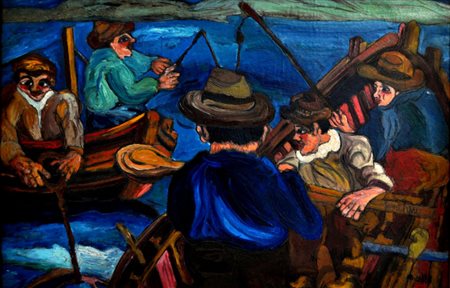 GIUSEPPE SERAFINI Pescatori Olio su cartone cm. 50x70 Firma in basso a destra