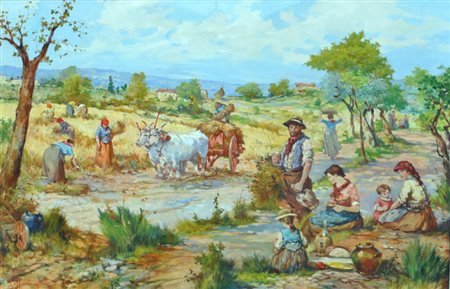 ALFO AFFORTUNATI Mietitura Olio su tela cm. 76x110 Firma in basso a sinistra...