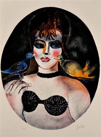 FRANCO GENTILINI Ragazza con uccelli Litografia a colori – es. 23/125 cm....