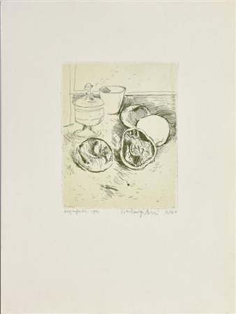 Pierluigi Arri NATURA MORTA, 1971 acquaforte, cm 16,5x12, su foglio cm 35x25;...
