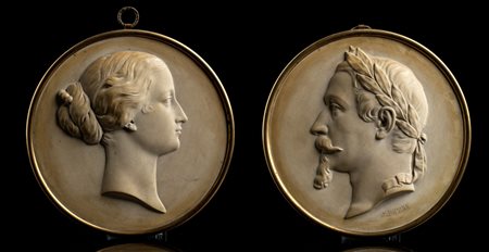 coppia di bassorilievi rappresentanti Napoleone III ed Eugenia seconda metà...