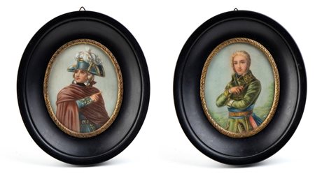 Coppia di miniature ovali h: 14 cm Raffiguranti Napoleone e L'Aiglon; cornice...