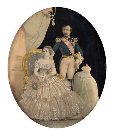 Stampa policroma con Napoleone III e l'Imperatrice Eugenia 38x33 In cornice...