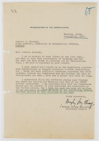 Lettera firmata da Madame Chiang Kai-shek