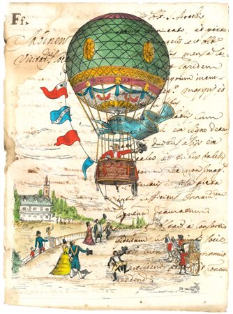 Maestro francese, Il volo della mongolfiera, prima metà XIX secolo, penna...