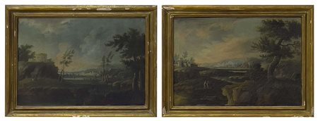 Maestro romano, Paesaggi, XVIII secolo, olio su tela, cm 35x47 cad., in prima...