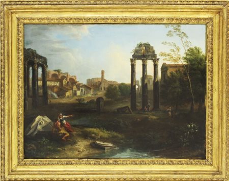 Giovanni Battista Busiri (Roma 1698 – 1757), Veduta di Roma con rovine, olio...