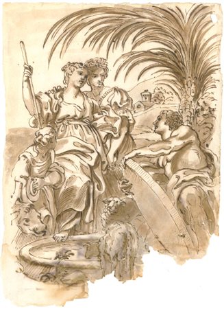 Maestro veneziano, Rebecca al pozzo, XVIII secolo, Penna a inchiostro marrone...