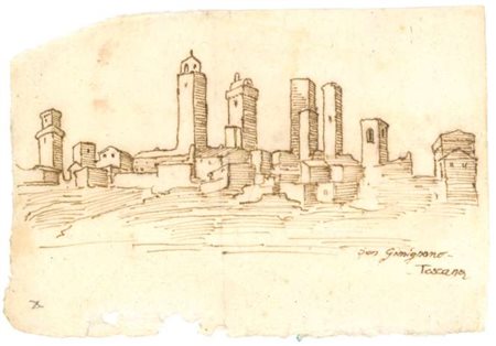 Maestro italiano, Veduta di San Gimignano, prima metà XIX secolo, penna e...
