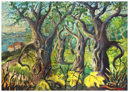 CARLO LEVI Torino 1902 – Roma 1975 Bosco sul mare 1969 Olio su tela 70 x 100....